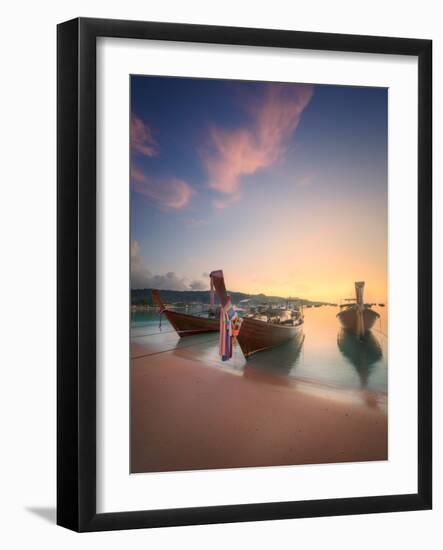 Beautiful Image of Sunrise with Colorful Sky and Longtail Boat on the Sea Tropical Beach. Thailand-Hanna Slavinska-Framed Photographic Print