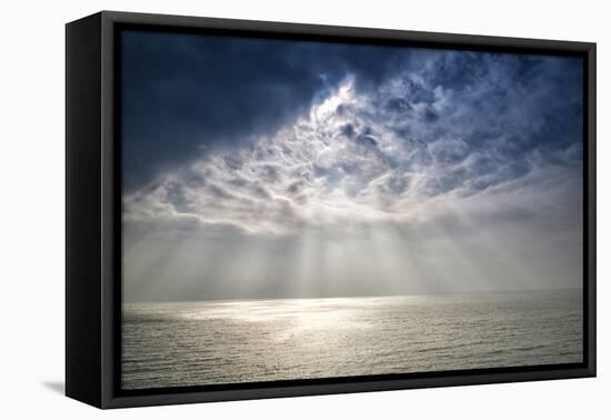 Beautiful Inspirational Sun Beams over Ocean on Cloudy Day-Veneratio-Framed Stretched Canvas