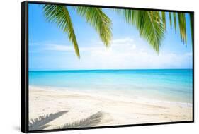 Beautiful Island with Ocean Wave on Sandy Beach and Coconut Tree-raditya-Framed Stretched Canvas