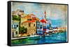 Beautiful Kastelorizo Bay (Greece, Dodecanes) - Artwork In Painting Style-Maugli-l-Framed Stretched Canvas