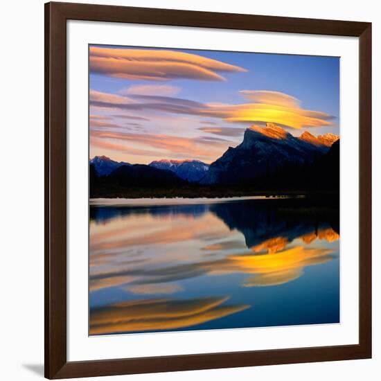 Beautiful Lenticular Clouds Drift over Fisrt Vermillion Lake to Rest onTop of Mt Rundle-Joao Maia-Framed Photographic Print