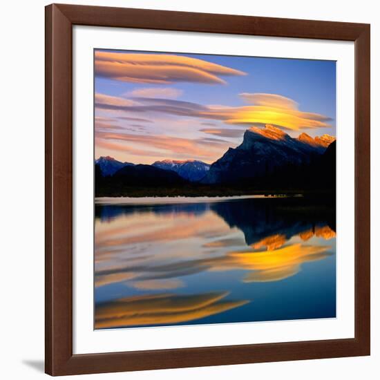 Beautiful Lenticular Clouds Drift over Fisrt Vermillion Lake to Rest onTop of Mt Rundle-Joao Maia-Framed Photographic Print