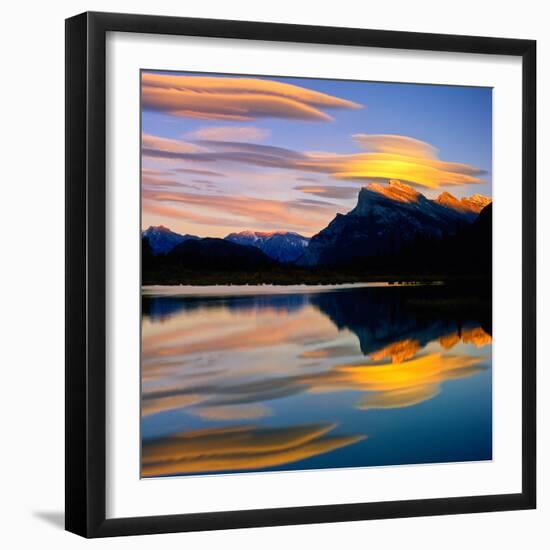 Beautiful Lenticular Clouds Drift over Fisrt Vermillion Lake to Rest onTop of Mt Rundle-Joao Maia-Framed Photographic Print