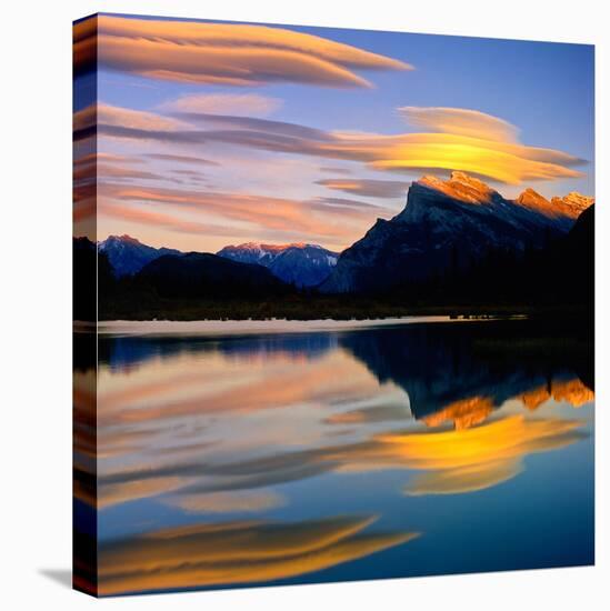 Beautiful Lenticular Clouds Drift over Fisrt Vermillion Lake to Rest onTop of Mt Rundle-Joao Maia-Stretched Canvas