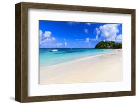 Beautiful Long Bay Beach, boat, turquoise sea, white sand, Antigua-Eleanor Scriven-Framed Photographic Print