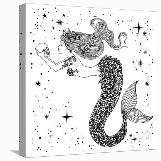 Beautiful Mermaid with Human Skull in Her Hands. Hand Drawn Isolated Vector Illustration. Sea, Fant-Anastasia Mazeina-Stretched Canvas