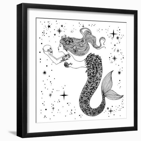 Beautiful Mermaid with Human Skull in Her Hands. Hand Drawn Isolated Vector Illustration. Sea, Fant-Anastasia Mazeina-Framed Art Print