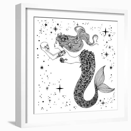 Beautiful Mermaid with Human Skull in Her Hands. Hand Drawn Isolated Vector Illustration. Sea, Fant-Anastasia Mazeina-Framed Art Print