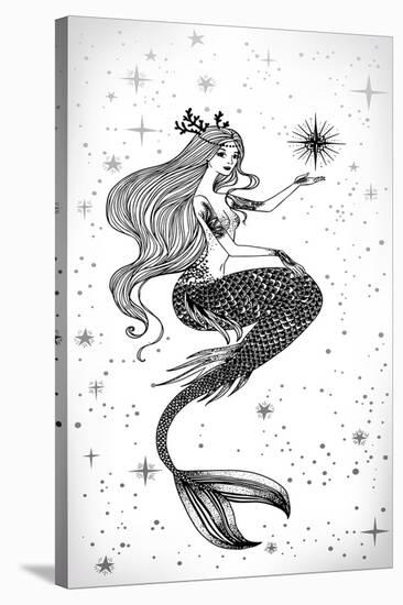 Beautiful Mermaid with Star in Her Hands Hand Drawn Illustration. Sea, Fantasy, Spirituality, Mytho-Anastasia Mazeina-Stretched Canvas