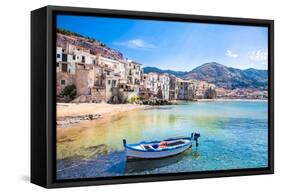 Beautiful Old Harbor with Wooden Fishing Boat in Cefalu, Sicily, Italy.-Aleksandar Todorovic-Framed Stretched Canvas