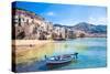 Beautiful Old Harbor with Wooden Fishing Boat in Cefalu, Sicily, Italy.-Aleksandar Todorovic-Stretched Canvas
