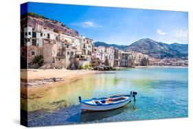 Beautiful Old Harbor with Wooden Fishing Boat in Cefalu, Sicily, Italy.-Aleksandar Todorovic-Stretched Canvas