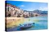 Beautiful Old Harbor with Wooden Fishing Boat in Cefalu, Sicily, Italy.-Aleksandar Todorovic-Stretched Canvas