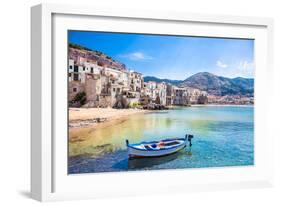 Beautiful Old Harbor with Wooden Fishing Boat in Cefalu, Sicily, Italy.-Aleksandar Todorovic-Framed Photographic Print