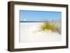 Beautiful Sand Dune Fence by Sea Grass with Sailboat on Horizon-CherylCasey-Framed Photographic Print