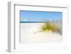 Beautiful Sand Dune Fence by Sea Grass with Sailboat on Horizon-CherylCasey-Framed Photographic Print