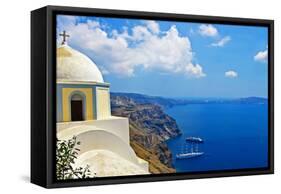 Beautiful Santorini - Caldera View with Small Church-Maugli-l-Framed Stretched Canvas