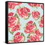 Beautiful Seamless Rose Pattern with Blue Polka Dot Background, Vector Illustration-Alisa Foytik-Framed Stretched Canvas