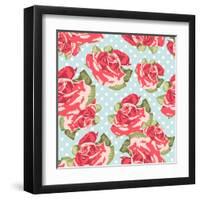 Beautiful Seamless Rose Pattern with Blue Polka Dot Background, Vector Illustration-Alisa Foytik-Framed Art Print