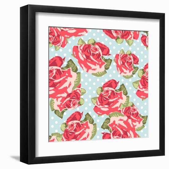 Beautiful Seamless Rose Pattern with Blue Polka Dot Background, Vector Illustration-Alisa Foytik-Framed Art Print