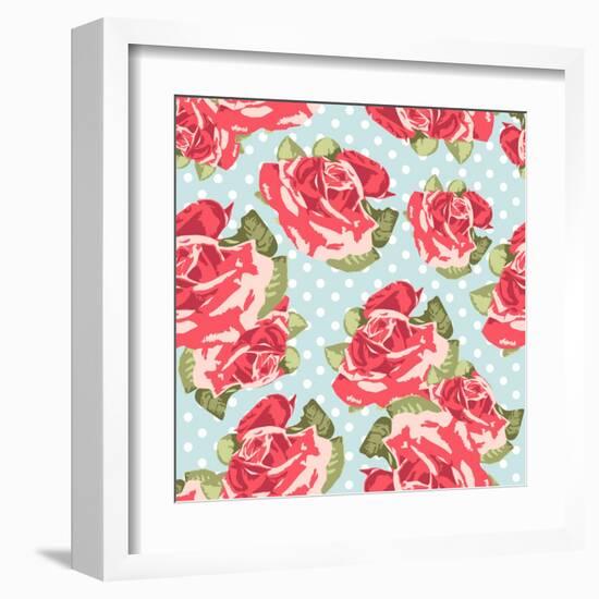 Beautiful Seamless Rose Pattern with Blue Polka Dot Background, Vector Illustration-Alisa Foytik-Framed Art Print