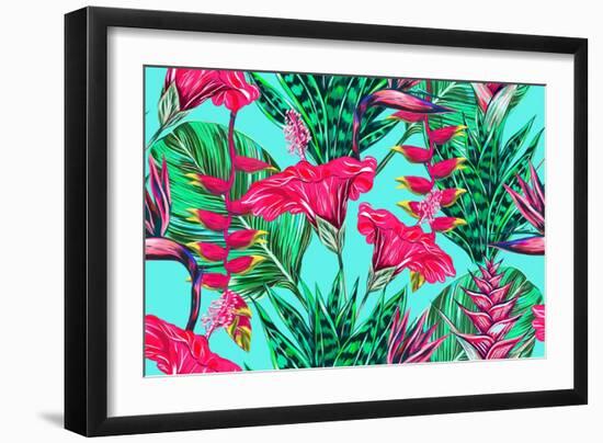 Beautiful Seamless Vector Floral Pattern Background. Tropical Flowers, Palm Leaves, Jungle Leaves,-NataliaKo-Framed Art Print