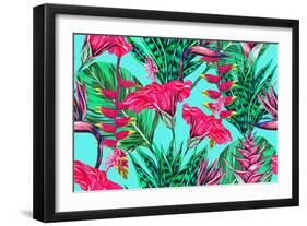 Beautiful Seamless Vector Floral Pattern Background. Tropical Flowers, Palm Leaves, Jungle Leaves,-NataliaKo-Framed Art Print