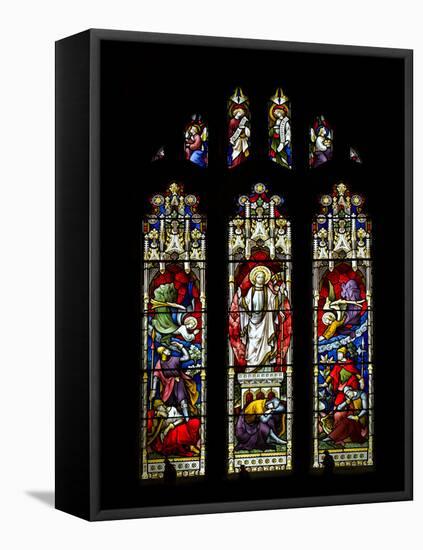 Beautiful Stained Glass Window in 15Th Century Saxon Church Depicting Resurrection of Jesus-Veneratio-Framed Stretched Canvas