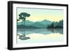 Beautiful Sunrise at the Mountains. Green Landscape Reflected at the Lake. Nature Background. Vecto-null-Framed Art Print