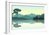 Beautiful Sunrise at the Mountains. Green Landscape Reflected at the Lake. Nature Background. Vecto-null-Framed Art Print