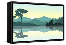 Beautiful Sunrise at the Mountains. Green Landscape Reflected at the Lake. Nature Background. Vecto-null-Framed Stretched Canvas