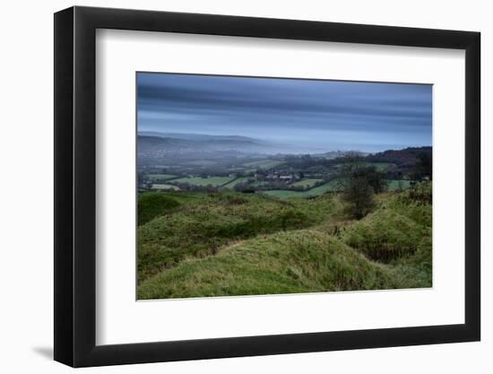 Beautiful Sunrise Dawn Landscape of Hills Overlooking Brightly Lit Town in Valley Below-Veneratio-Framed Photographic Print