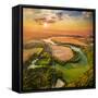 Beautiful Sunset over Czech Valley Reservoir in the Litice Suburban District of Pilsen. Aerial View-Kletr-Framed Stretched Canvas