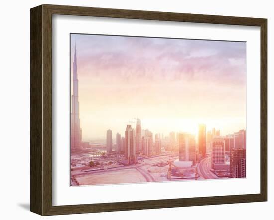 Beautiful Sunset over Dubai City, Amazing Cityscape Lit with Warm Sun Light, Contemporary New Moder-Anna Om-Framed Photographic Print