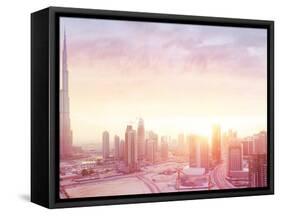 Beautiful Sunset over Dubai City, Amazing Cityscape Lit with Warm Sun Light, Contemporary New Moder-Anna Om-Framed Stretched Canvas