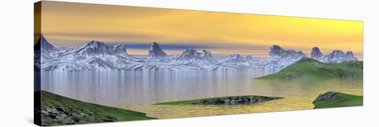 Beautiful Sunset over Landscape with Green Grass and Rocky Mountains-null-Stretched Canvas