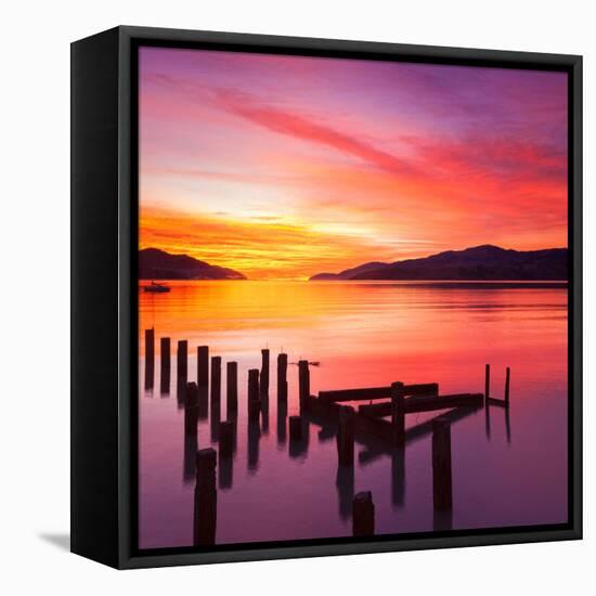 Beautiful Sunset with Colours of Red, Orange and Yellow, over Governors Bay, Looking-Travellinglight-Framed Stretched Canvas