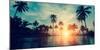 Beautiful Tropical Beach with Palm Trees Silhouettes at Dusk.-De Visu-Mounted Photographic Print