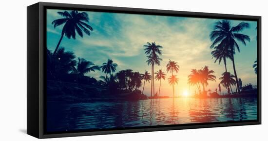 Beautiful Tropical Beach with Palm Trees Silhouettes at Dusk.-De Visu-Framed Stretched Canvas