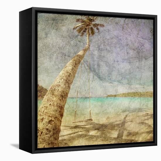 Beautiful Tropical Beach With Sea View, Clean Water And Blue Sky In Retro And Grunge Style-dmitry kushch-Framed Stretched Canvas