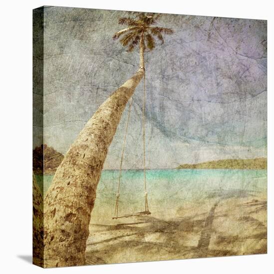 Beautiful Tropical Beach With Sea View, Clean Water And Blue Sky In Retro And Grunge Style-dmitry kushch-Stretched Canvas