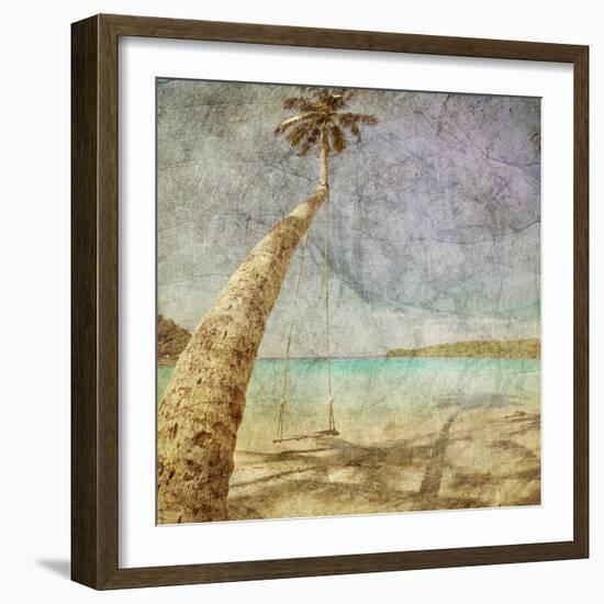 Beautiful Tropical Beach With Sea View, Clean Water And Blue Sky In Retro And Grunge Style-dmitry kushch-Framed Art Print