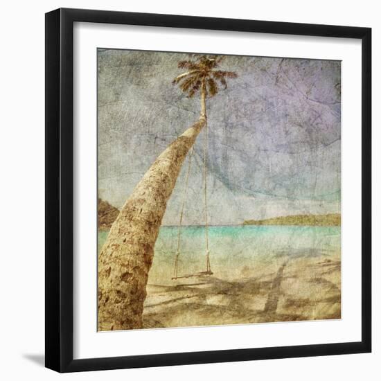 Beautiful Tropical Beach With Sea View, Clean Water And Blue Sky In Retro And Grunge Style-dmitry kushch-Framed Art Print