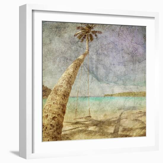 Beautiful Tropical Beach With Sea View, Clean Water And Blue Sky In Retro And Grunge Style-dmitry kushch-Framed Art Print