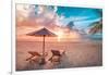 Beautiful Tropical Sunset Scenery, Two Sun Beds, Loungers, Umbrella under Palm Tree. White Sand, Se-icemanphotos-Framed Photographic Print
