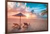 Beautiful Tropical Sunset Scenery, Two Sun Beds, Loungers, Umbrella under Palm Tree. White Sand, Se-icemanphotos-Framed Photographic Print