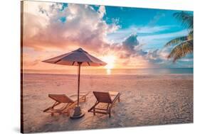 Beautiful Tropical Sunset Scenery, Two Sun Beds, Loungers, Umbrella under Palm Tree. White Sand, Se-icemanphotos-Stretched Canvas