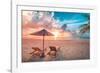 Beautiful Tropical Sunset Scenery, Two Sun Beds, Loungers, Umbrella under Palm Tree. White Sand, Se-icemanphotos-Framed Photographic Print