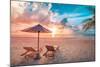 Beautiful Tropical Sunset Scenery, Two Sun Beds, Loungers, Umbrella under Palm Tree. White Sand, Se-icemanphotos-Mounted Photographic Print