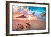 Beautiful Tropical Sunset Scenery, Two Sun Beds, Loungers, Umbrella under Palm Tree. White Sand, Se-icemanphotos-Framed Photographic Print